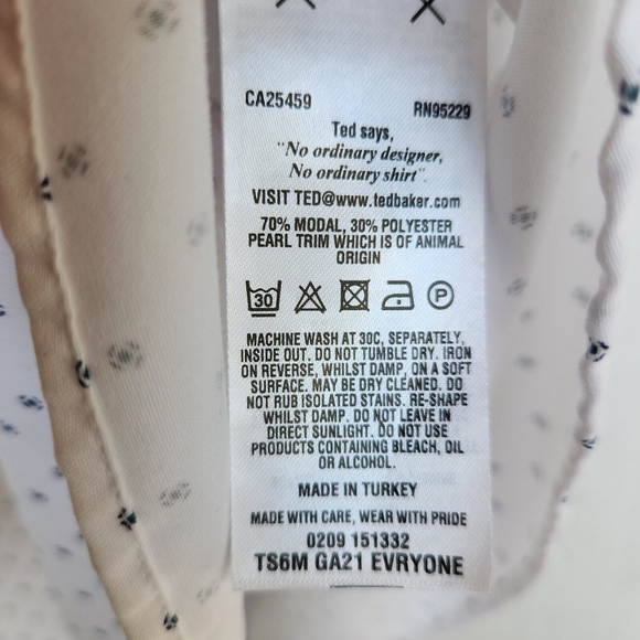 Ted Baker Evryone Luxury Short Sleeve Shirt White Geometric Turkey Size 4 US L - Picture 8 of 9